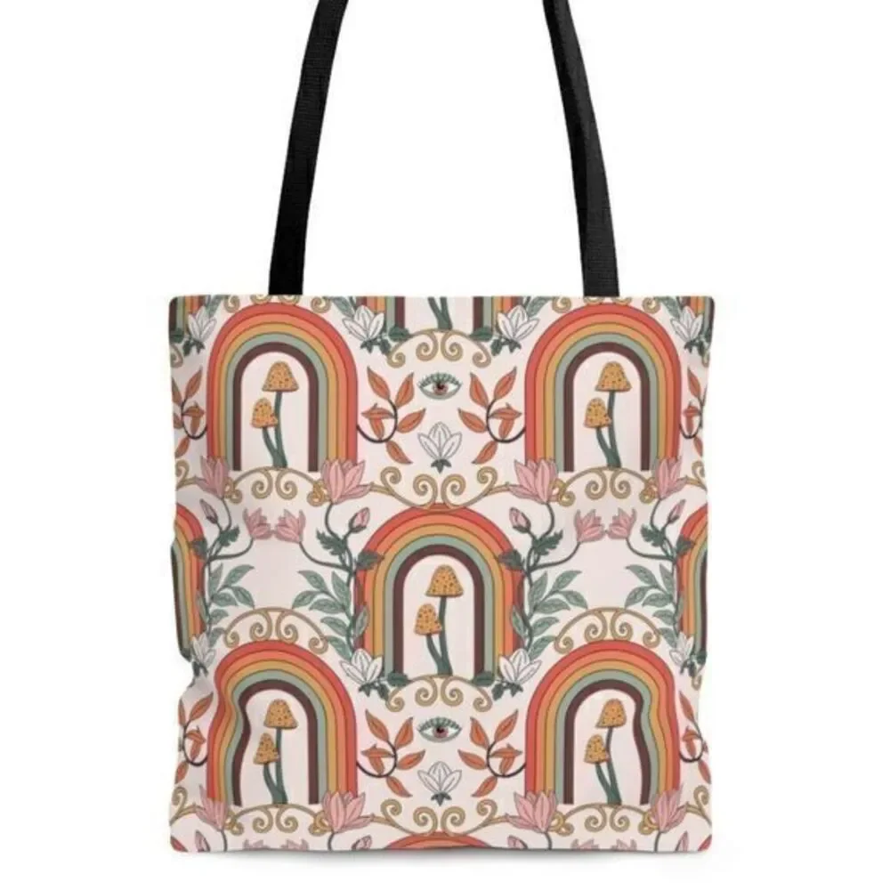 Boho Mushroom Rainbow Tote Bag Cottagecore Eye Print Psychedelic Shoulder Bag - Picture 2 of 5